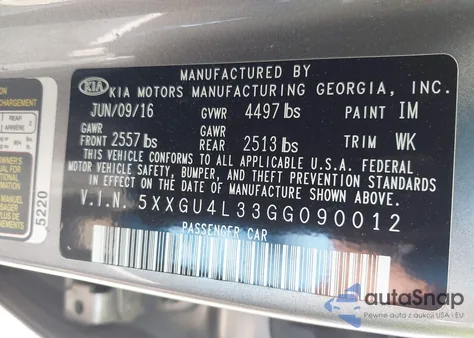 2016 Kia Optima Ex z USA, uszkodzony, nr VIN 5XXGU4L33GG090012